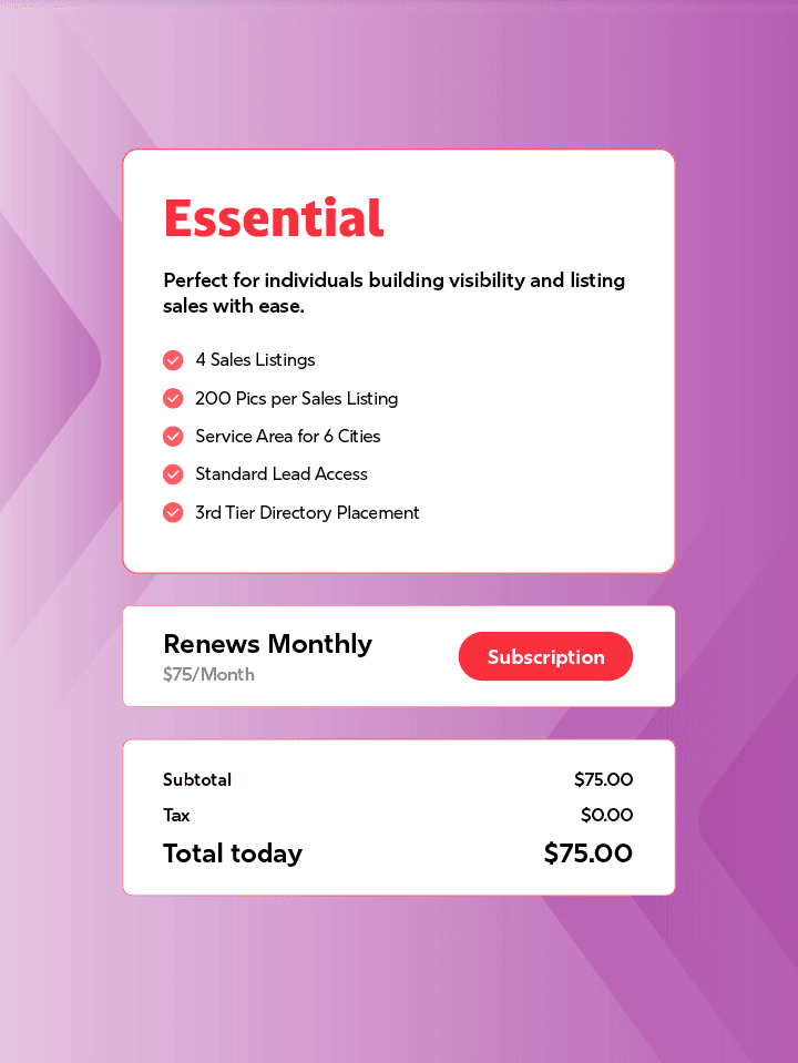Essential plan registration - 4 sales listings, 200 pics per listing