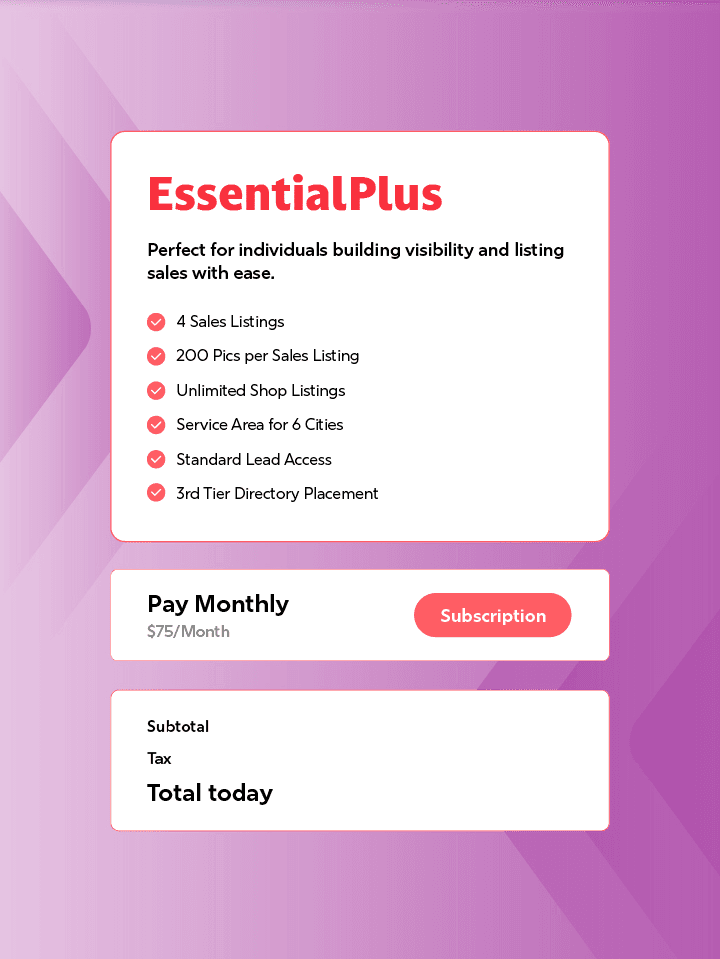 Essential Plus plan registration - 4 sales listings, unlimited shop listings, 6 city service area