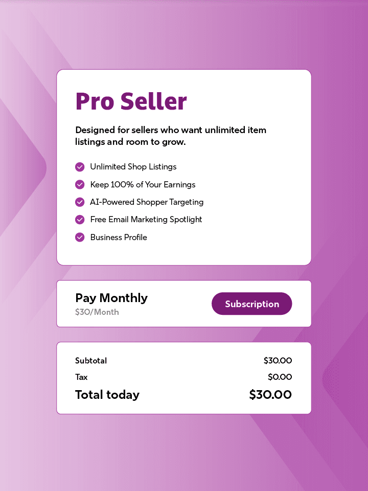 Pro Seller plan registration - unlimited shop listings, keep 100% of earnings