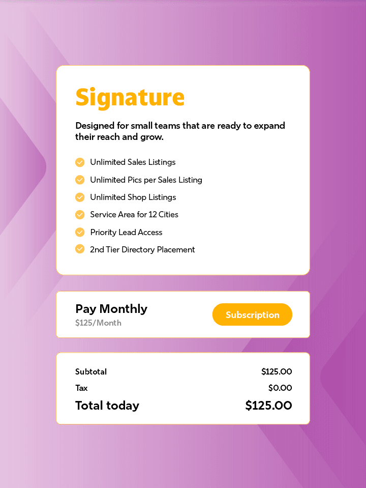 Signature plan registration - unlimited sales listings, 12 cities service area