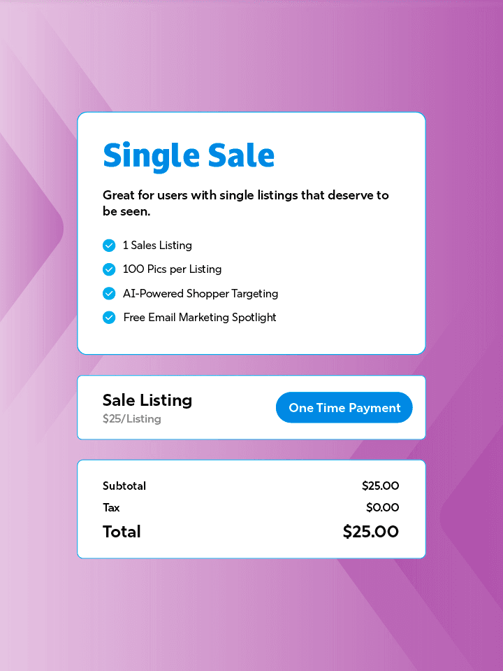 Single Sale listing - $25 per listing with 100 pics and AI targeting