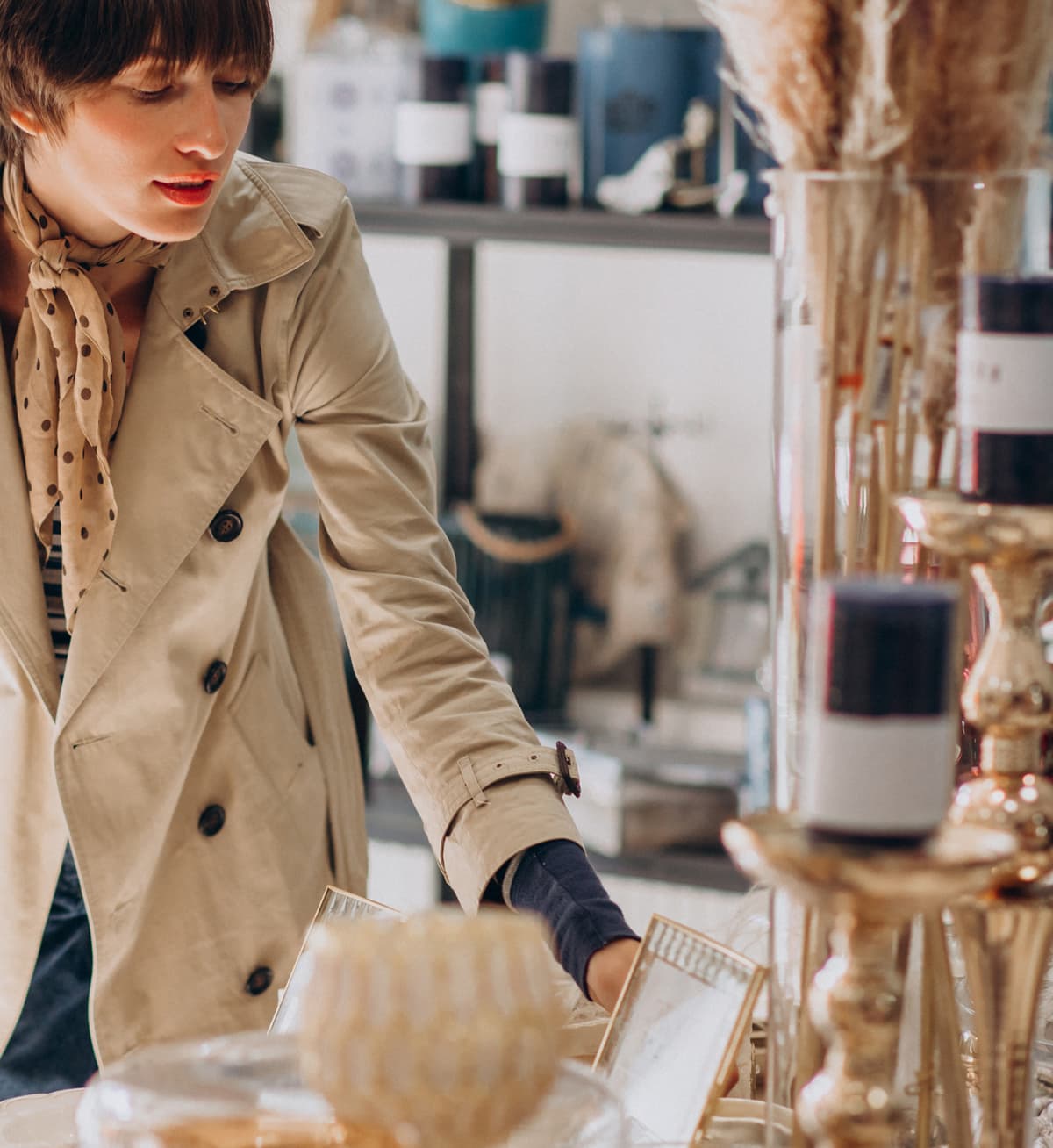 Woman shopping for vintage antiques at an estate sale
